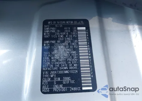 2021 Nissan Rogue Sv z USA, uszkodzony, nr VIN JN8AT3BB3MW210224